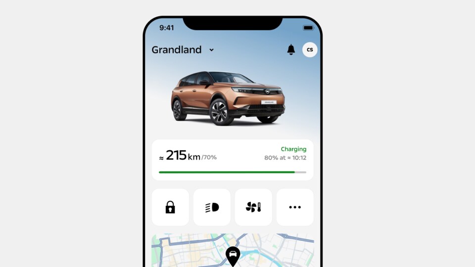 Uno screenshot dall'app MyOpel che mostra un'immagine di un Opel Grandland e una mappa.