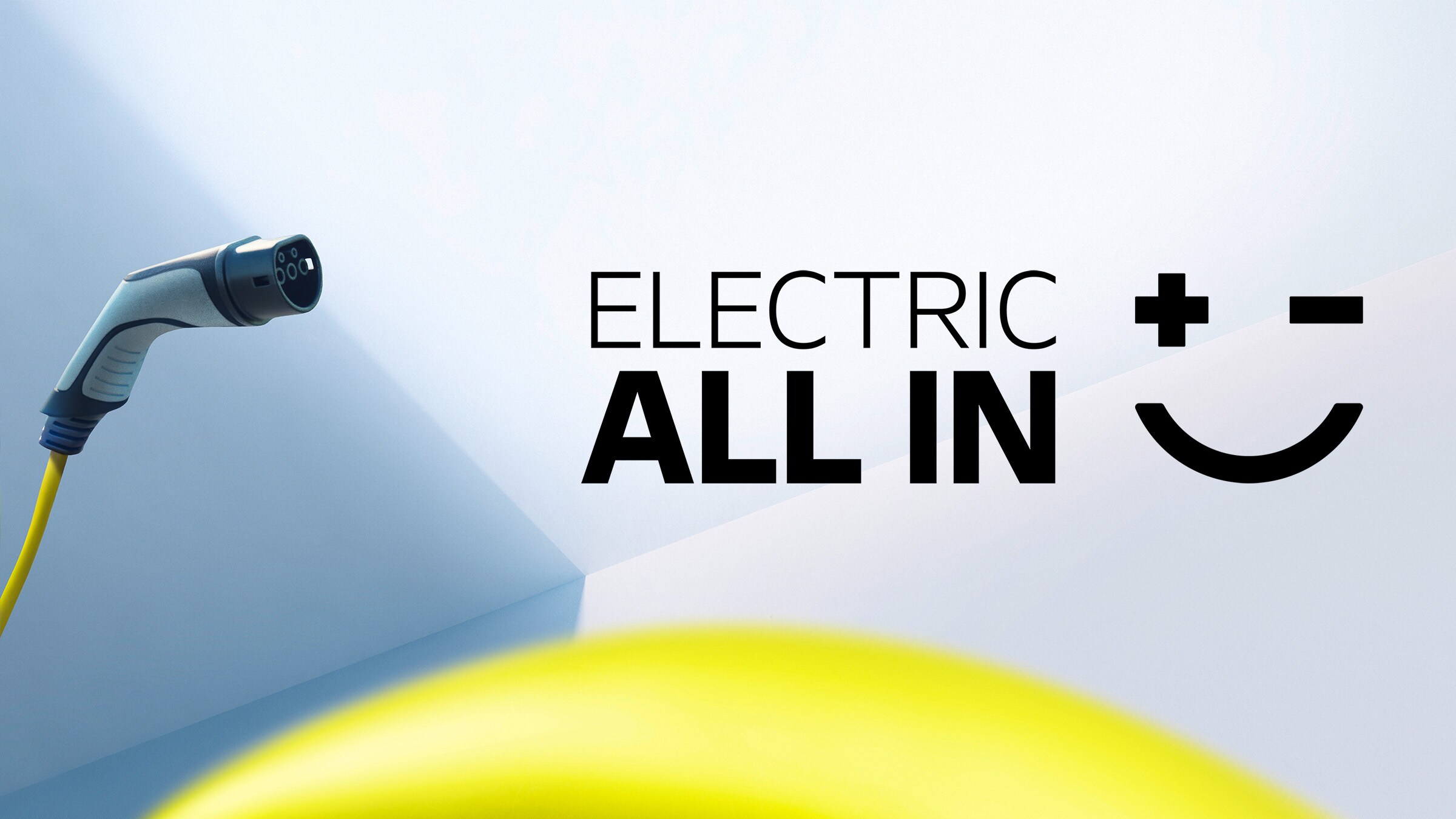 yellow charging cable and a logo "Electric all in"